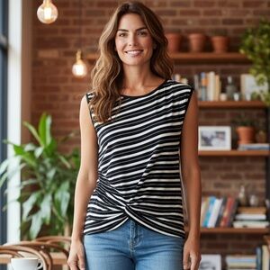 White House Black Market Black and White Striped Twist-Front Sleeveless Top